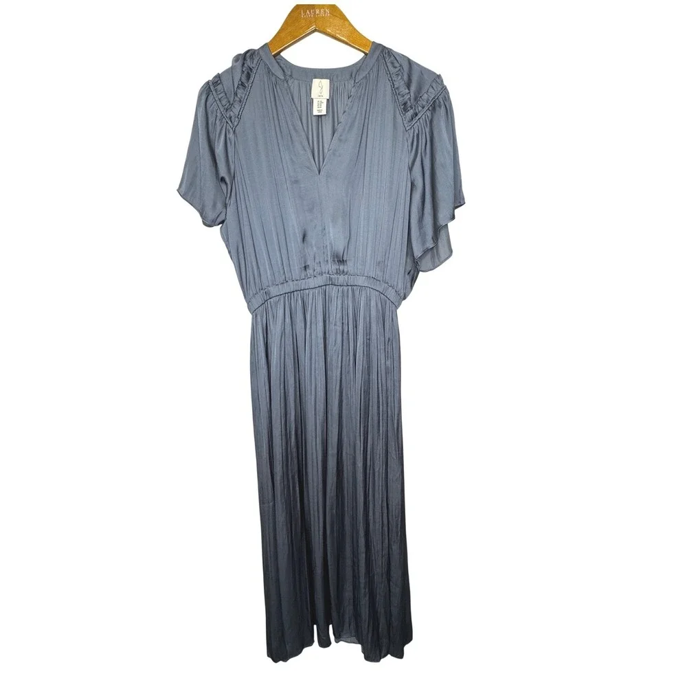 Joie Satin Midi Dress Pleated Skirt Granite Blue Medium
